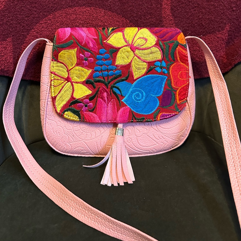 NWOT Indigenous Made Pink Leather Handmade Embroidered Crossbody Bag
